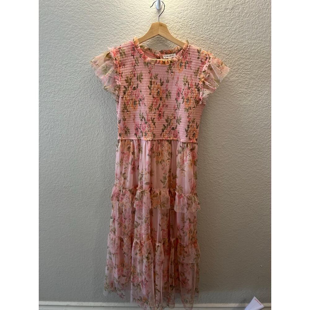 By the River Pink Floral Smocked Midi Dress Ruffle Sleeves Tiered L Cottagecore - Picture 4 of 8